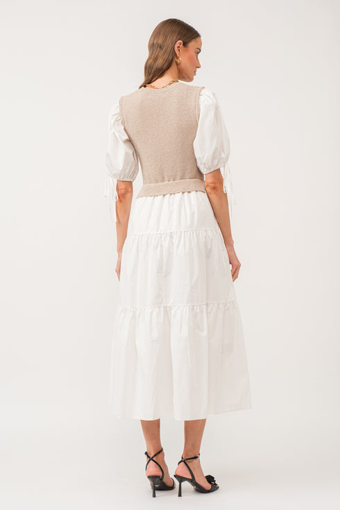 COMBINATION MIDI DRESS WITH PUFFED SLEEVES